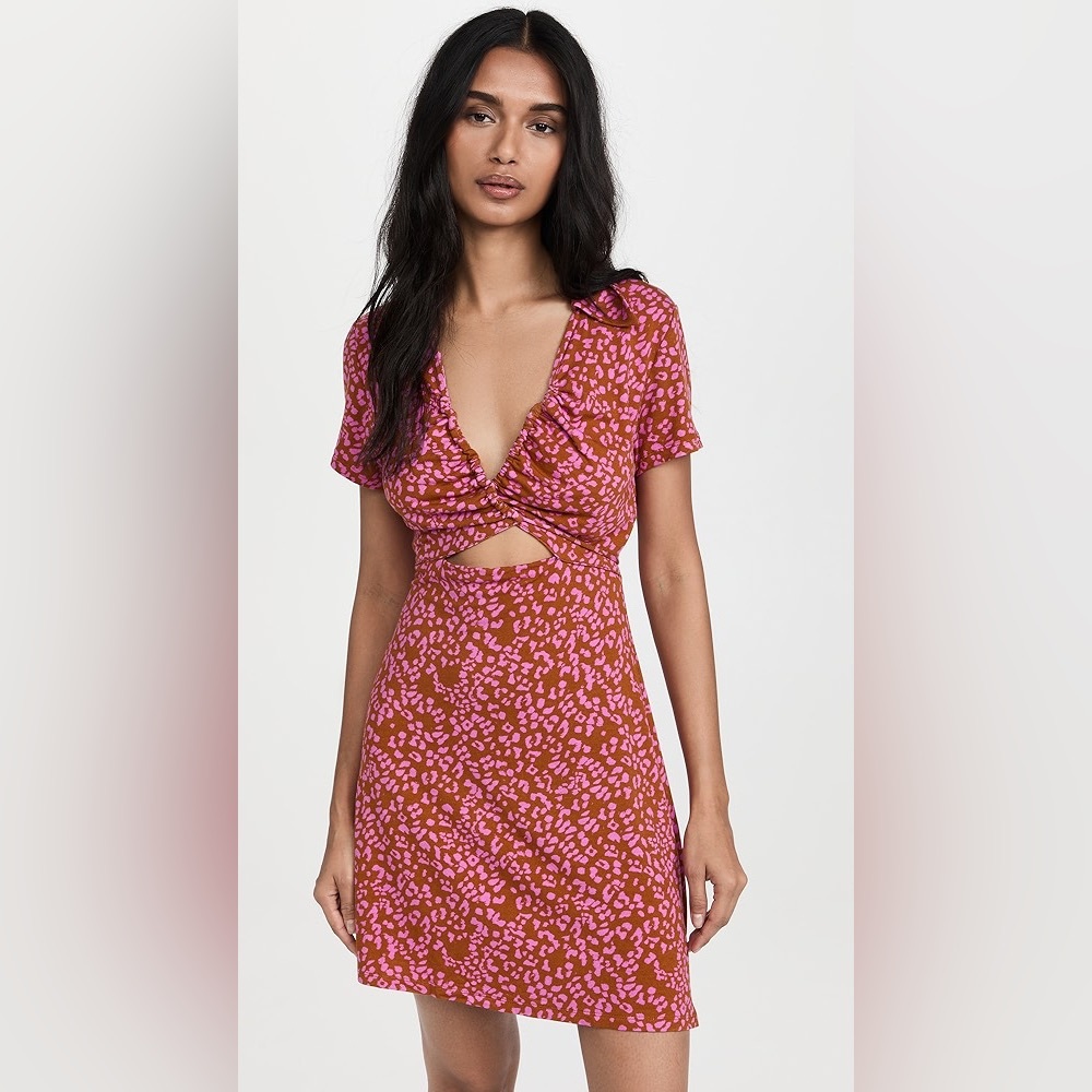 Free People Marsaille Red and Pink Leopard Print Short Sleeve Dress